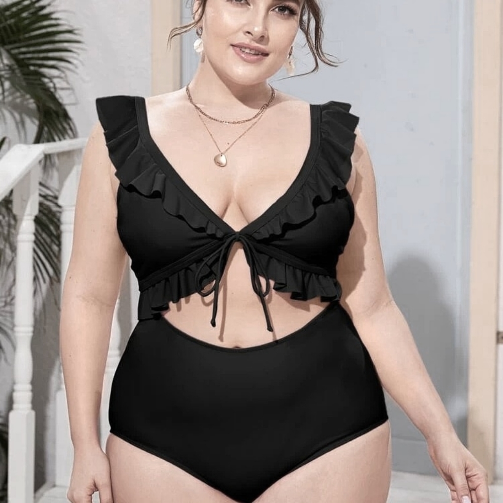 Black Cut Out Ruffle Swim Bathing Suit 2XL